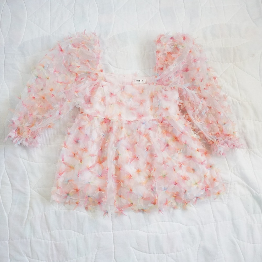 STORIA Womens Top Blouse Puffy Sleeves Floral‎ Appliques Square Neck Pink Size S